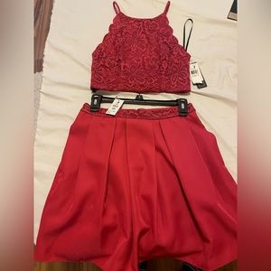 Juniors red formal skirt with lace sparkle top